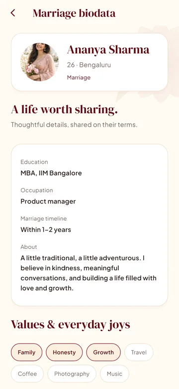 Marriage biodata with education, occupation, marriage timeline and values