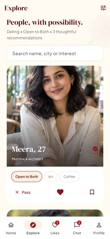 Explore screen with recommended profiles, search and interest filters