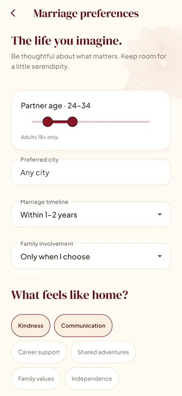 Marriage preferences for partner age, city, timeline and family involvement