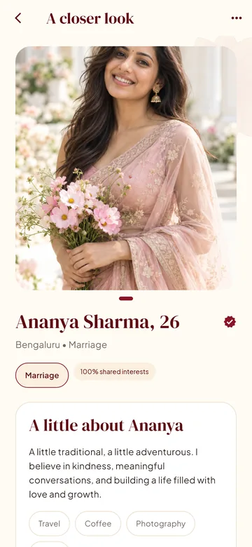 A PakiBaat profile with photos, a verified badge and shared interests