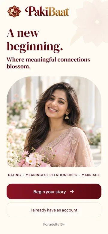 PakiBaat welcome screen with the PakiBaat logo and a Begin your story button